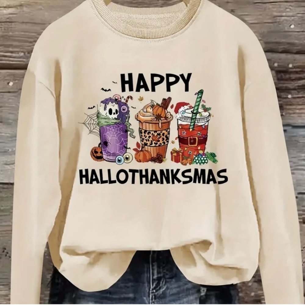 NWT Happy Hallothanksmas Cream Hybrid Holiday Graphic Crewneck Sweatshirt XL